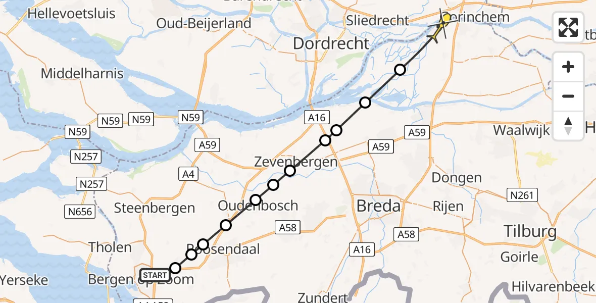 Routekaart van de vlucht: Lifeliner 3 naar Werkendam, Zoomland