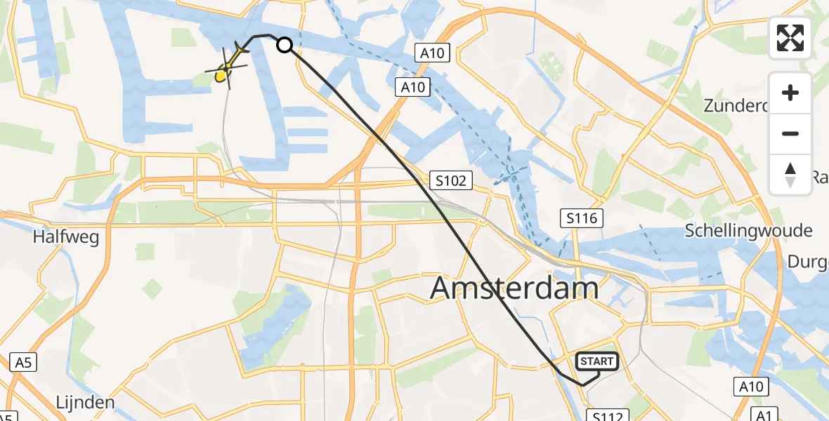 Routekaart van de vlucht: Lifeliner 1 naar Amsterdam Heliport, Weesperzijde