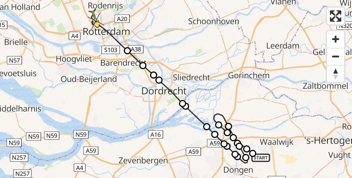 Routekaart van de vlucht: Lifeliner 2 naar Rotterdam The Hague Airport, De Roei