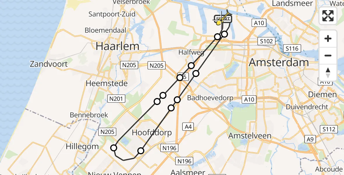 Routekaart van de vlucht: Lifeliner 1 naar Amsterdam Heliport, Hornweg