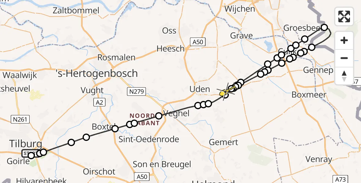 Routekaart van de vlucht: Lifeliner 3 naar Vliegbasis Volkel, Tilburgseweg