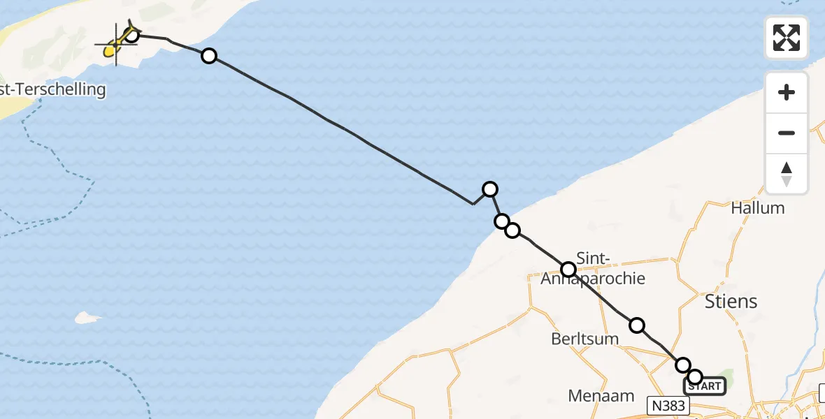 Routekaart van de vlucht: Ambulanceheli naar Midsland, Dyksterhuzen