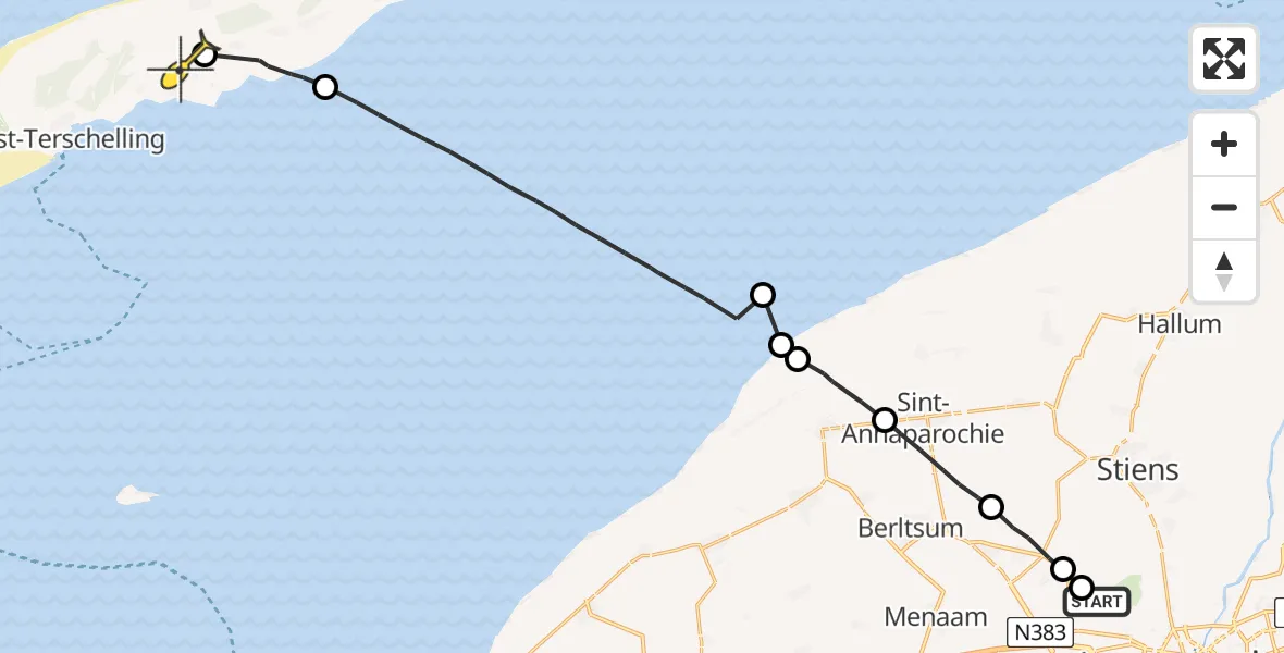 Routekaart van de vlucht: Ambulancehelikopter naar Midsland, Dyksterhuzen