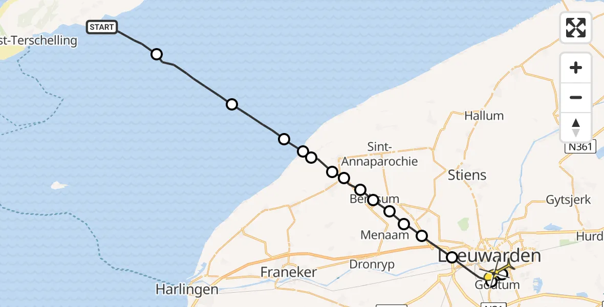 Routekaart van de vlucht: Ambulanceheli naar Leeuwarden, Aldlânsdyk