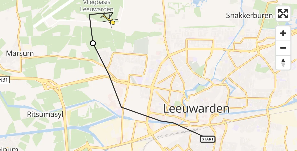 Vluchtroute Ambulancehelikopter van Leeuwarden naar Vliegbasis Leeuwarden