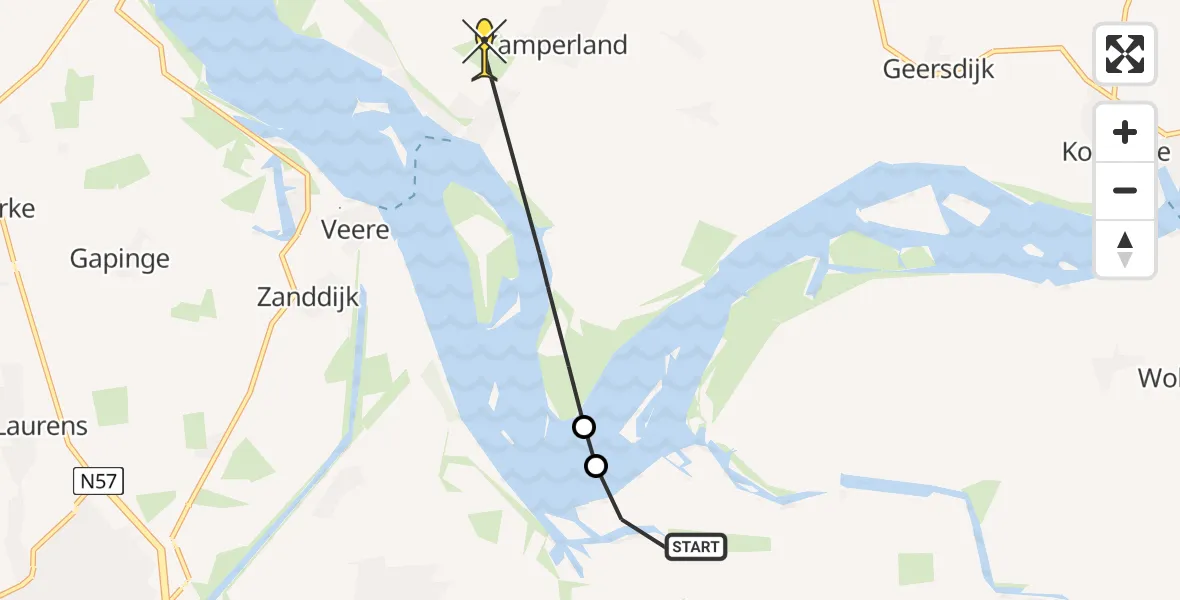 Routekaart van de vlucht: Kustwachthelikopter naar Kamperland, Oranjeplaatweg