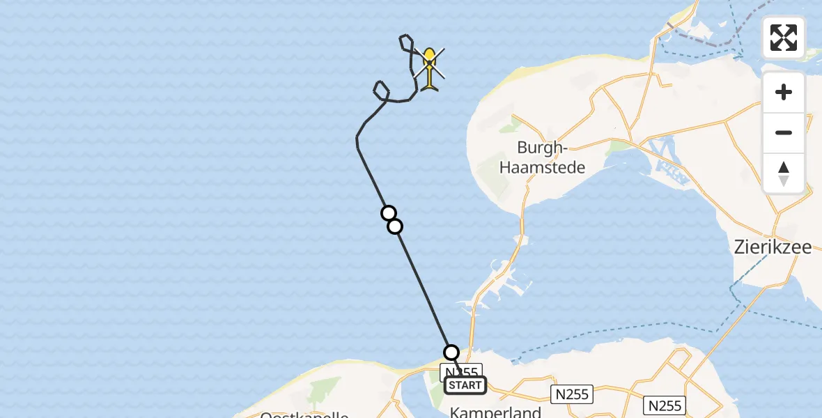 Vluchtroute Kustwachthelikopter van Kamperland naar 