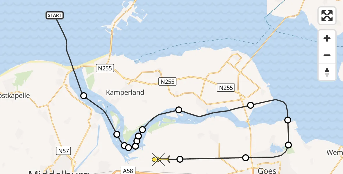 Routekaart van de vlucht: Kustwachthelikopter naar Vliegveld Midden-Zeeland, Pietweg