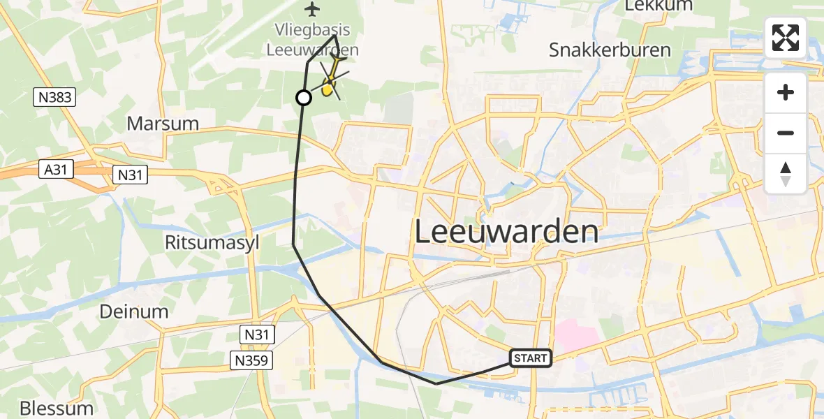 Vluchtroute Ambulancehelikopter van Leeuwarden naar Vliegbasis Leeuwarden