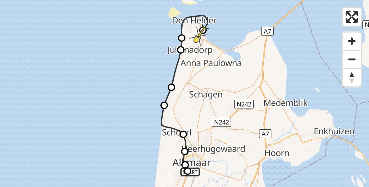 Routekaart van de vlucht: Kustwachthelikopter naar Vliegveld De Kooy, Kennemerstraatweg