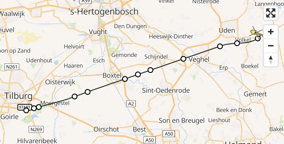 Routekaart van de vlucht: Lifeliner 3 naar Vliegbasis Volkel, Hilvarenbeekseweg