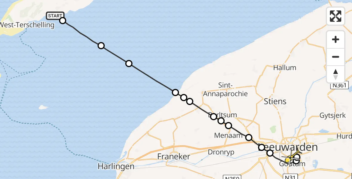 Routekaart van de vlucht: Ambulanceheli naar Leeuwarden, Stortumerdijk