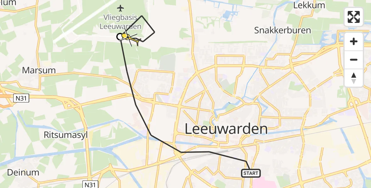 Routekaart van de vlucht: Ambulanceheli naar Vliegbasis Leeuwarden, Snekertrekweg