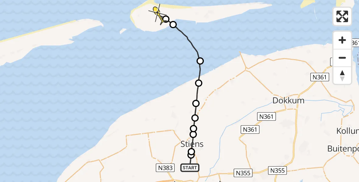 Routekaart van de vlucht: Ambulanceheli naar Ameland Airport Ballum, Koarnjumer Feart