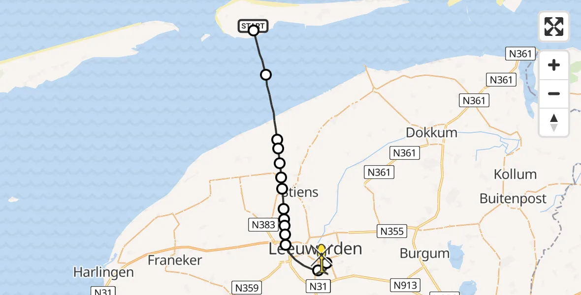 Routekaart van de vlucht: Ambulanceheli naar Leeuwarden, Hoek van Hessing