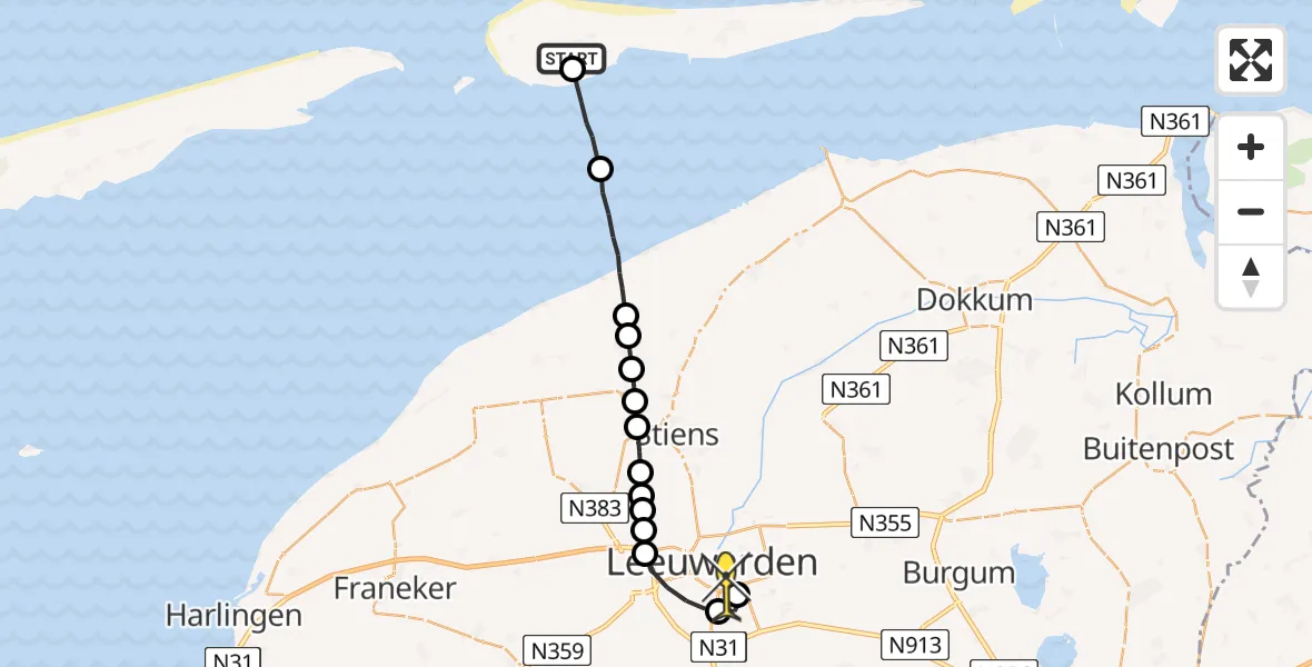 Routekaart van de vlucht: Ambulancehelikopter naar Leeuwarden, Hoek van Hessing