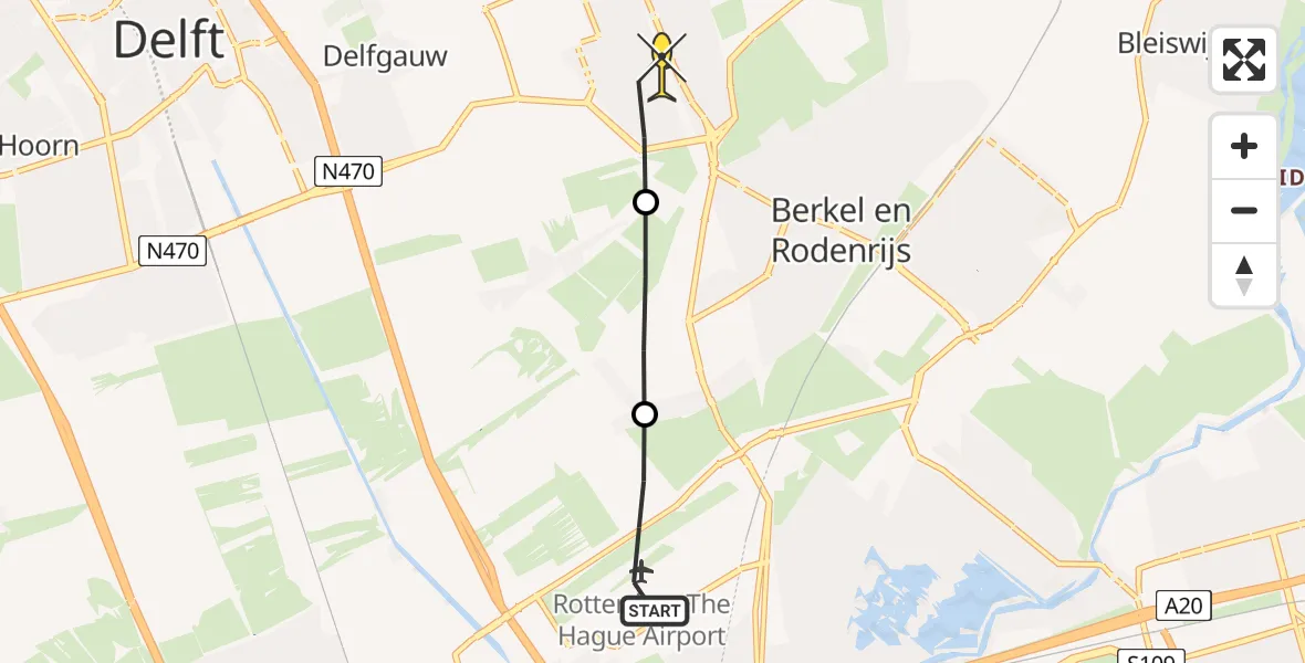 Routekaart van de vlucht: Lifeliner 2 naar Pijnacker, Oude Bovendijk