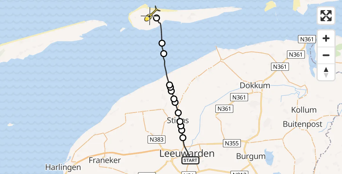 Routekaart van de vlucht: Ambulanceheli naar Ameland Airport Ballum, Zuiderplein