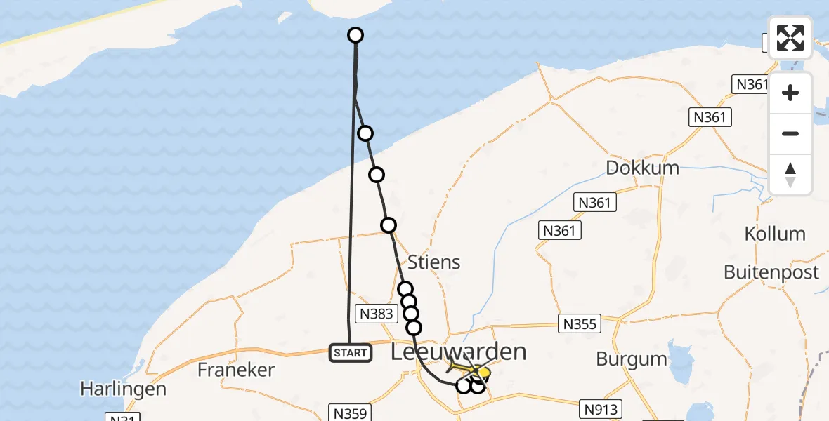 Routekaart van de vlucht: Ambulanceheli naar Leeuwarden, Bitgumerdyk