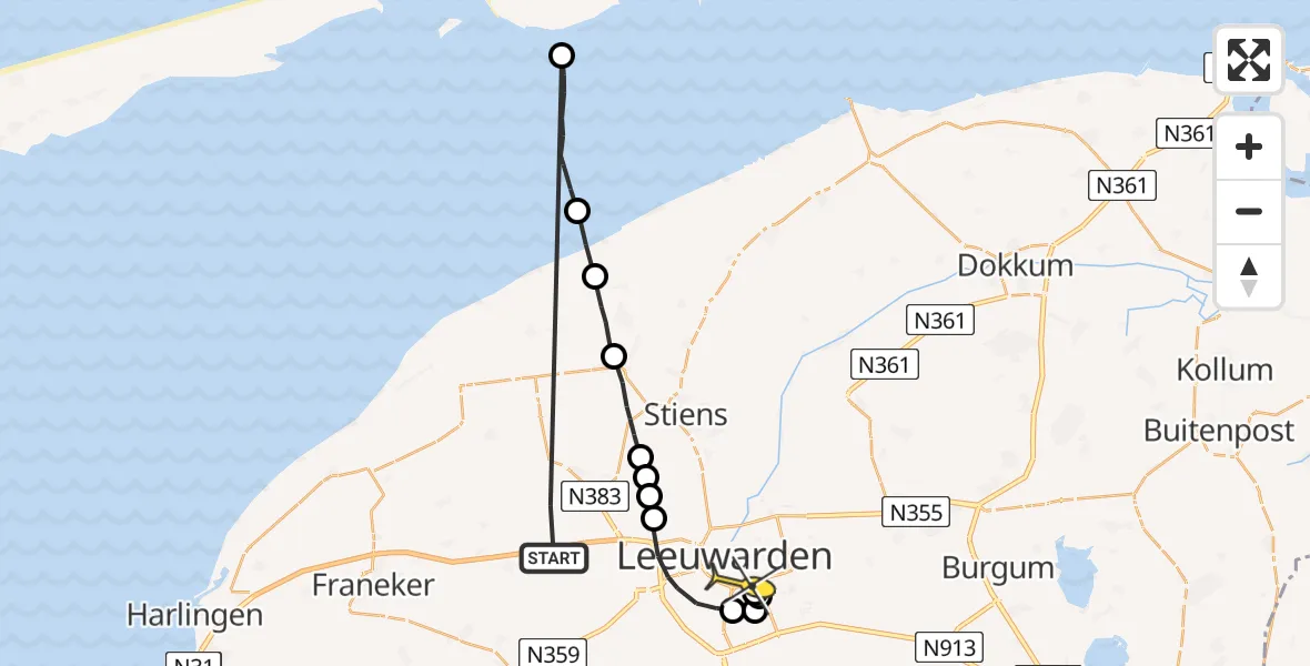 Routekaart van de vlucht: Ambulancehelikopter naar Leeuwarden, Bitgumerdyk