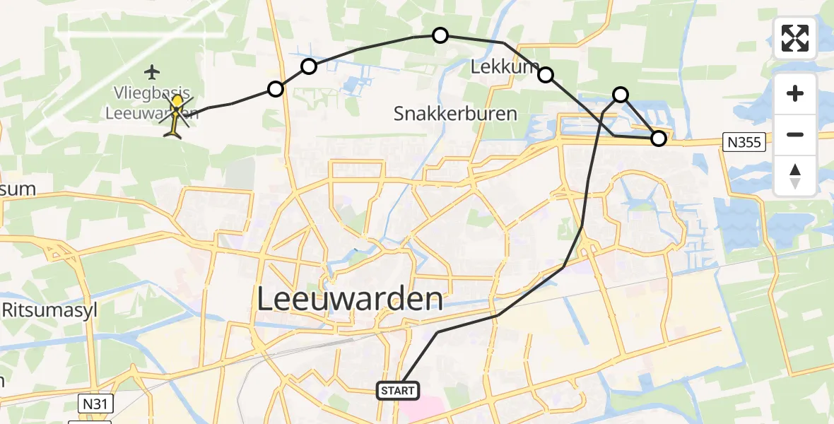 Vluchtroute Ambulancehelikopter van Leeuwarden naar Vliegbasis Leeuwarden