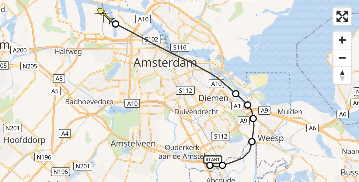 Routekaart van de vlucht: Lifeliner 1 naar Amsterdam Heliport, Abcouderstraatweg