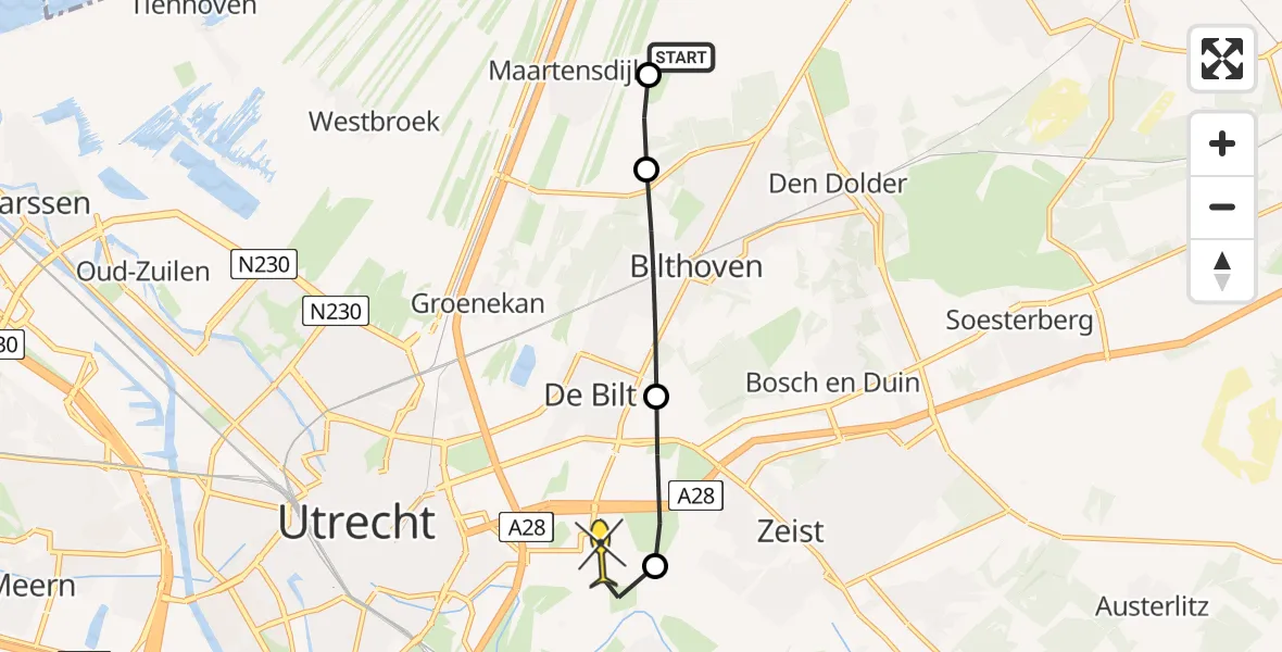 Routekaart van de vlucht: Lifeliner 1 naar Universitair Medisch Centrum Utrecht, Dorpsweg