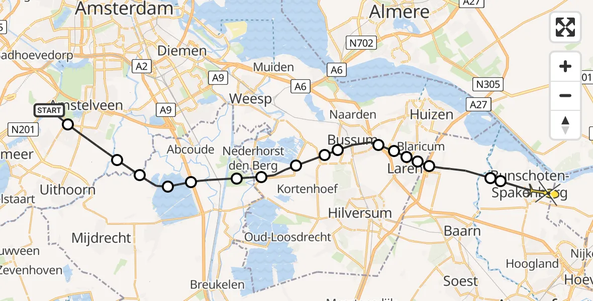 Routekaart van de vlucht: Politieheli naar Bunschoten-Spakenburg, Oosteinderweg