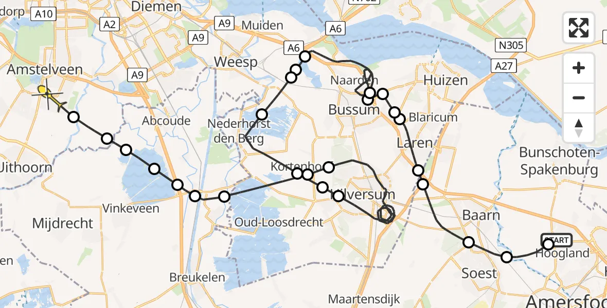 Routekaart van de vlucht: Politieheli naar Amstelveen, Mgr. van de Weteringstraat