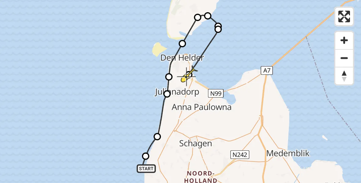 Routekaart van de vlucht: Kustwachthelikopter naar Vliegveld De Kooy, Spreeuwendijk