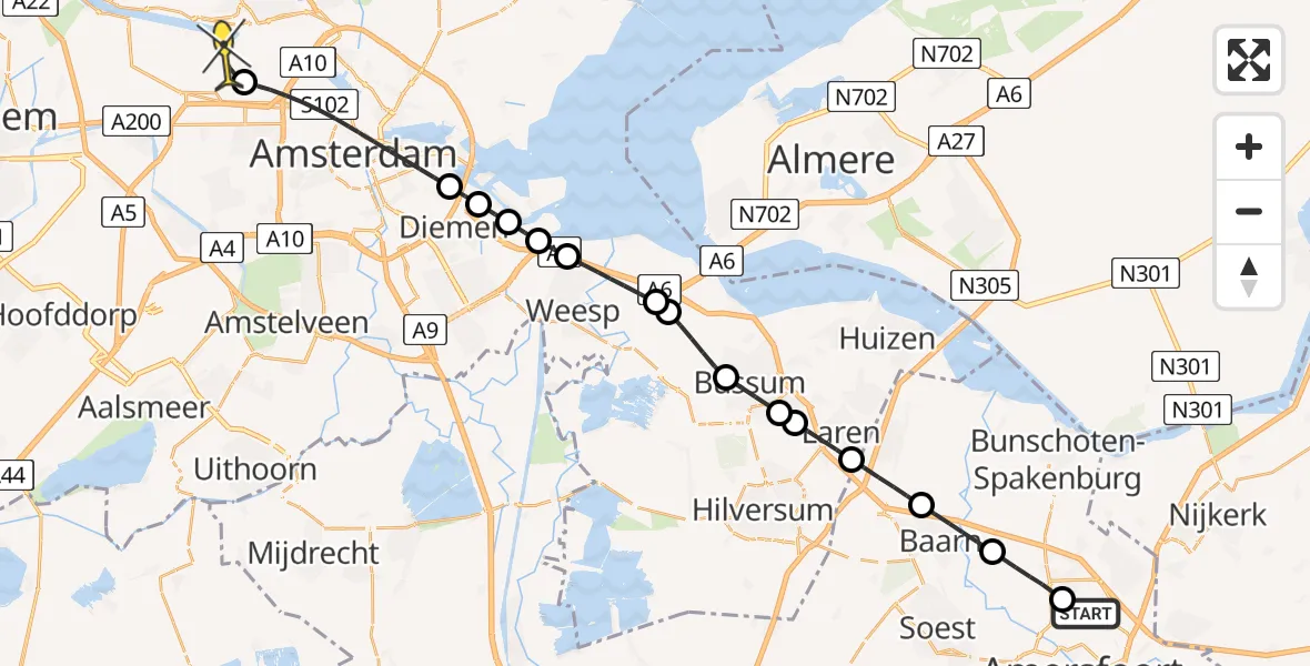 Routekaart van de vlucht: Lifeliner 1 naar Amsterdam Heliport, Castellum