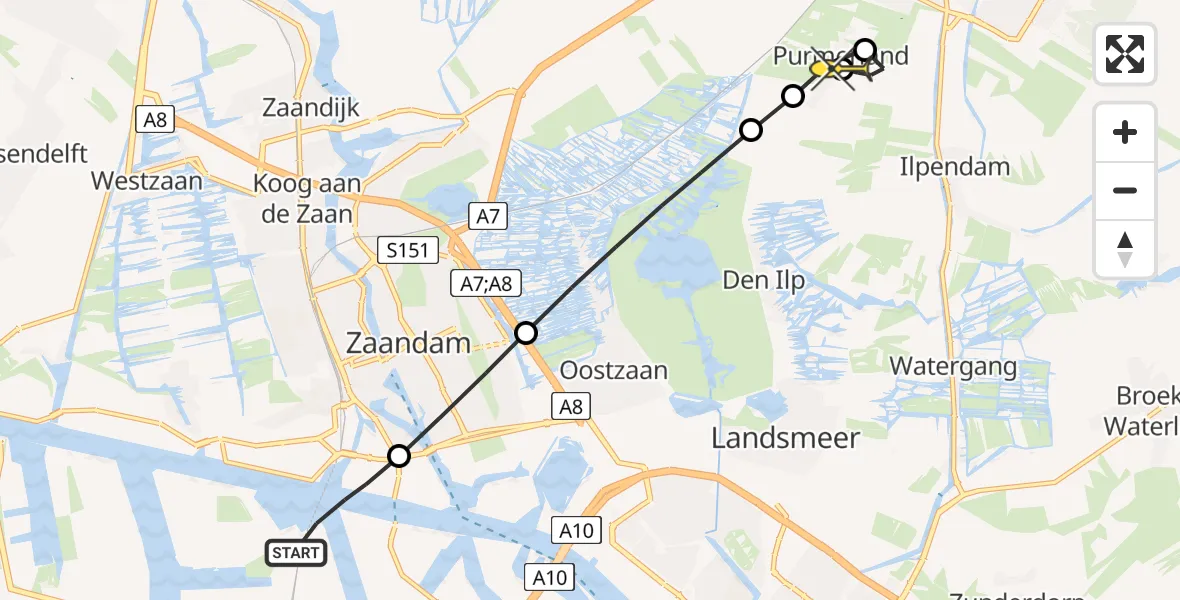 Routekaart van de vlucht: Lifeliner 1 naar Purmerland, Belangenvereniging tuinders Zaanderhorn