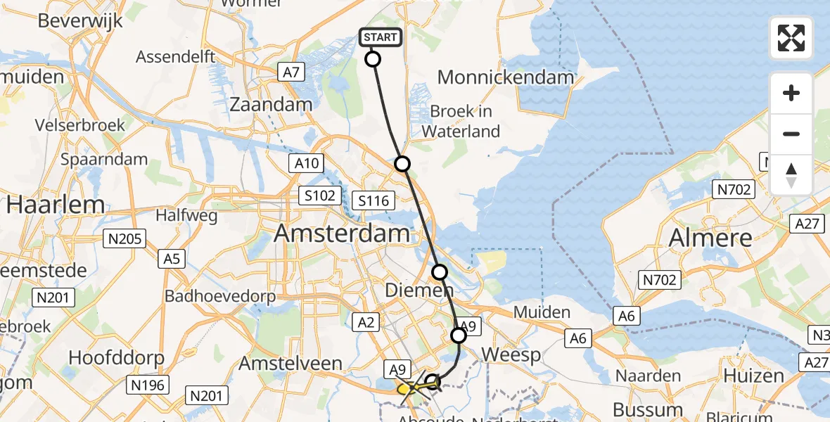 Routekaart van de vlucht: Lifeliner 1 naar Academisch Medisch Centrum (AMC), Purmerland