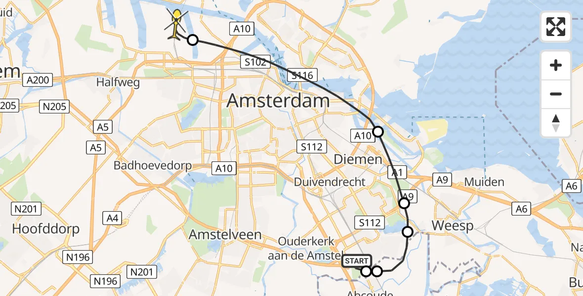 Routekaart van de vlucht: Lifeliner 1 naar Amsterdam Heliport, Hollandse Kade