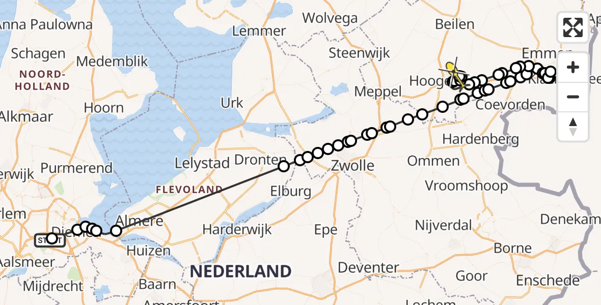 Routekaart van de vlucht: Politieheli naar Vliegveld Hoogeveen, Van Nijenrodeweg