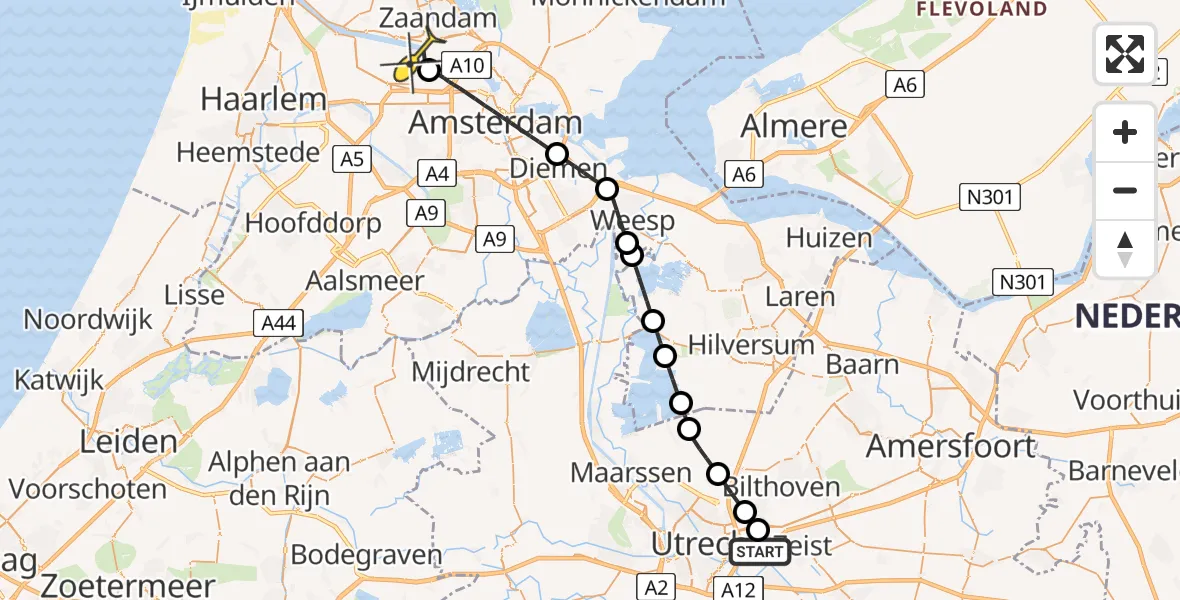 Routekaart van de vlucht: Lifeliner 1 naar Amsterdam Heliport, Bunnikseweg