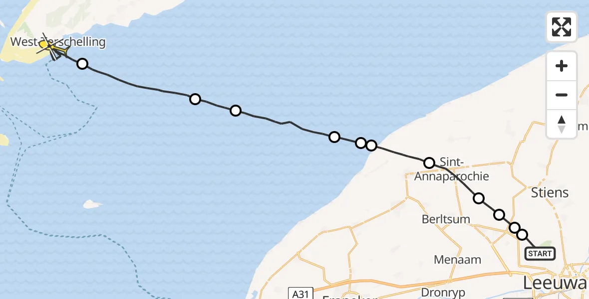 Routekaart van de vlucht: Ambulanceheli naar West-Terschelling, Foarste Dyk