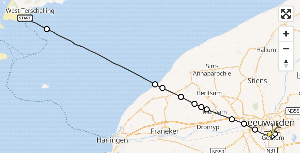 Routekaart van de vlucht: Ambulanceheli naar Leeuwarden, Aldlânsdyk