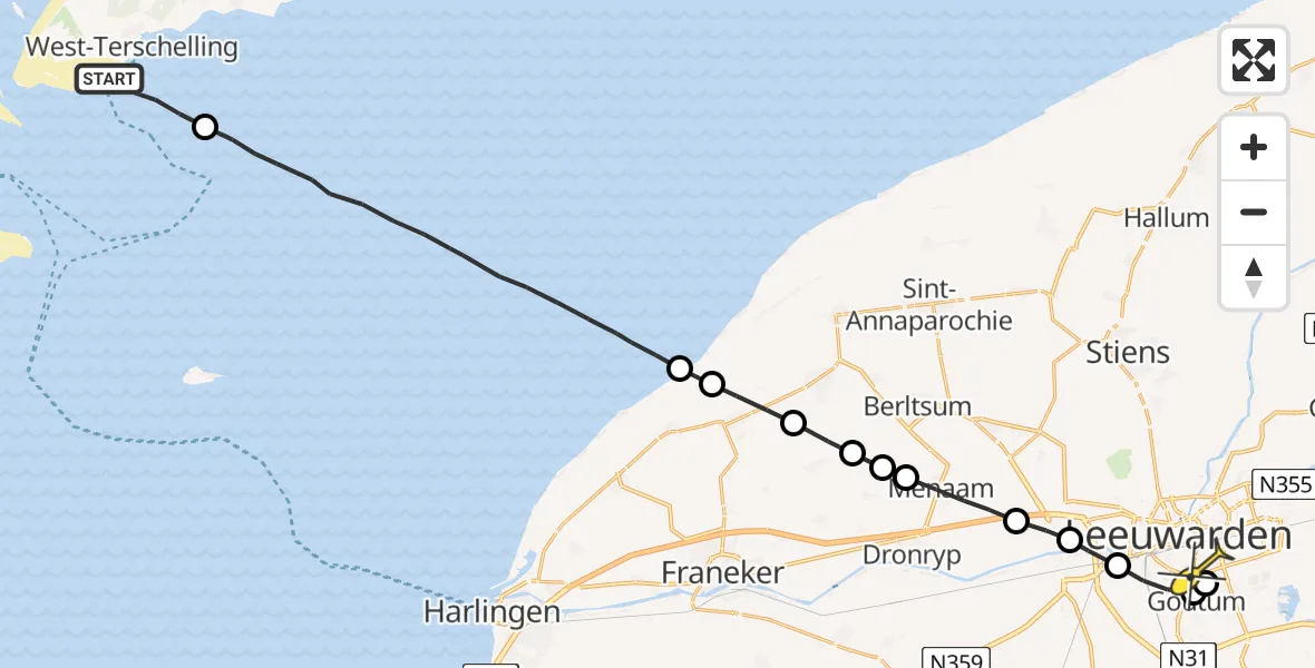 Routekaart van de vlucht: Ambulancehelikopter naar Leeuwarden, Aldlânsdyk