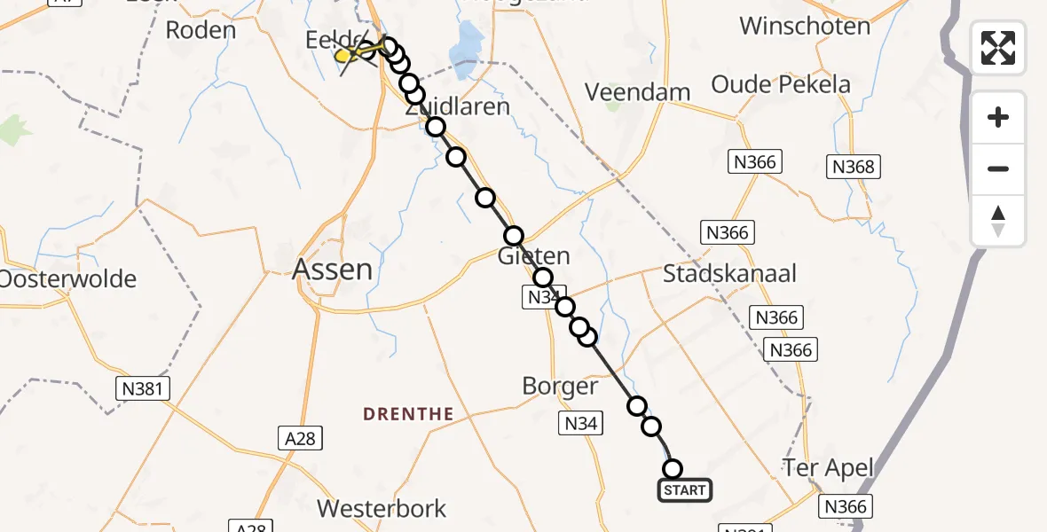 Routekaart van de vlucht: Lifeliner 4 naar Groningen Airport Eelde, Zonnepark De Dreef