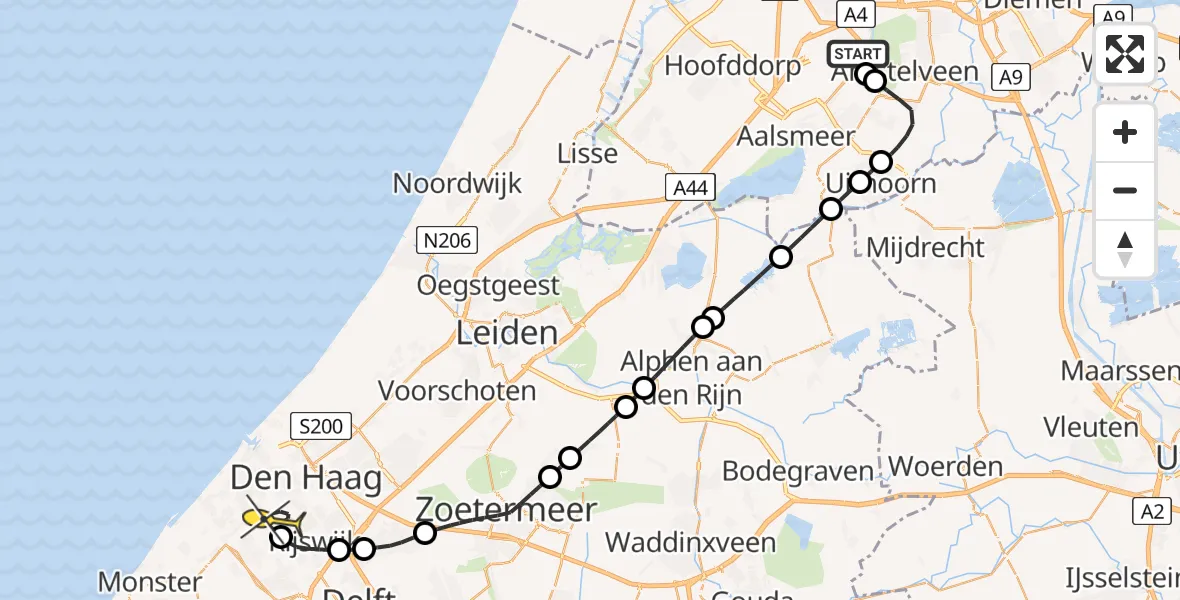 Routekaart van de vlucht: Politieheli naar Den Haag, Amsterdam-Bataviaweg