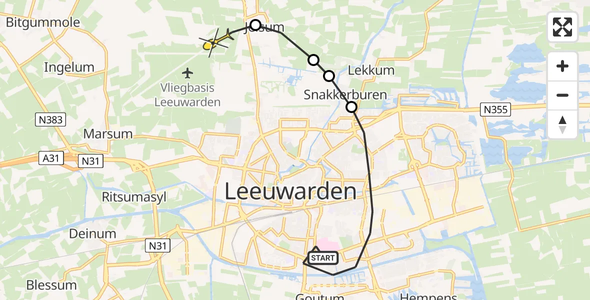 Vluchtroute Ambulancehelikopter van Leeuwarden naar Vliegbasis Leeuwarden