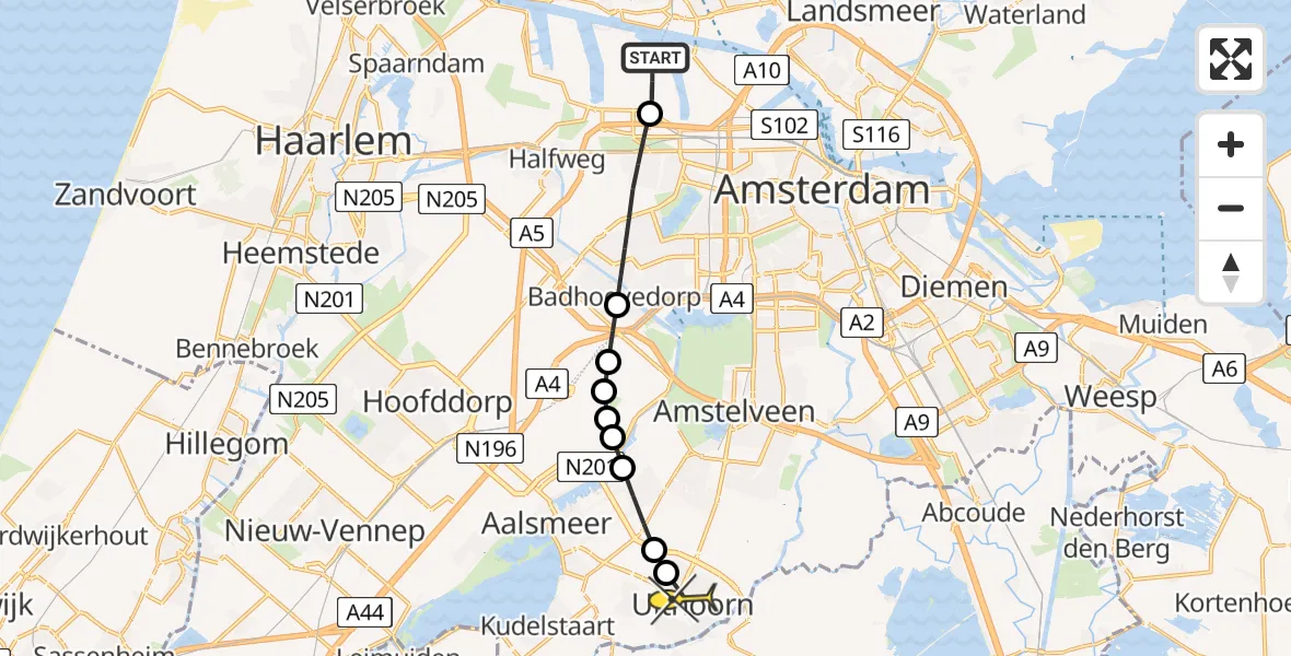 Routekaart van de vlucht: Lifeliner 1 naar Uithoorn, Hornweg