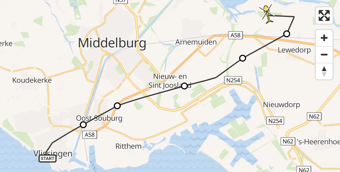 Routekaart van de vlucht: Lifeliner 2 naar Vliegveld Midden-Zeeland, Baskensburgplein