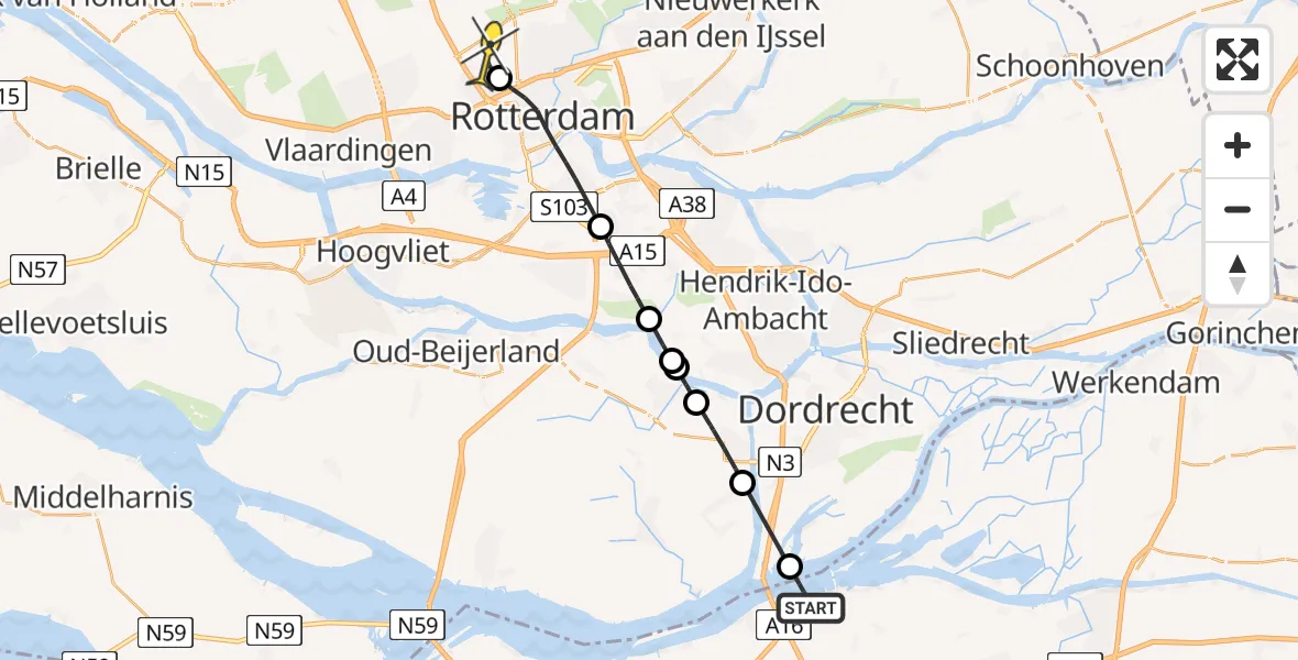 Routekaart van de vlucht: Lifeliner 2 naar Rotterdam The Hague Airport, Zwaluwsedijk