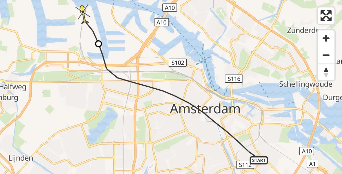 Routekaart van de vlucht: Lifeliner 1 naar Amsterdam Heliport, Eerste Oosterparkstraat