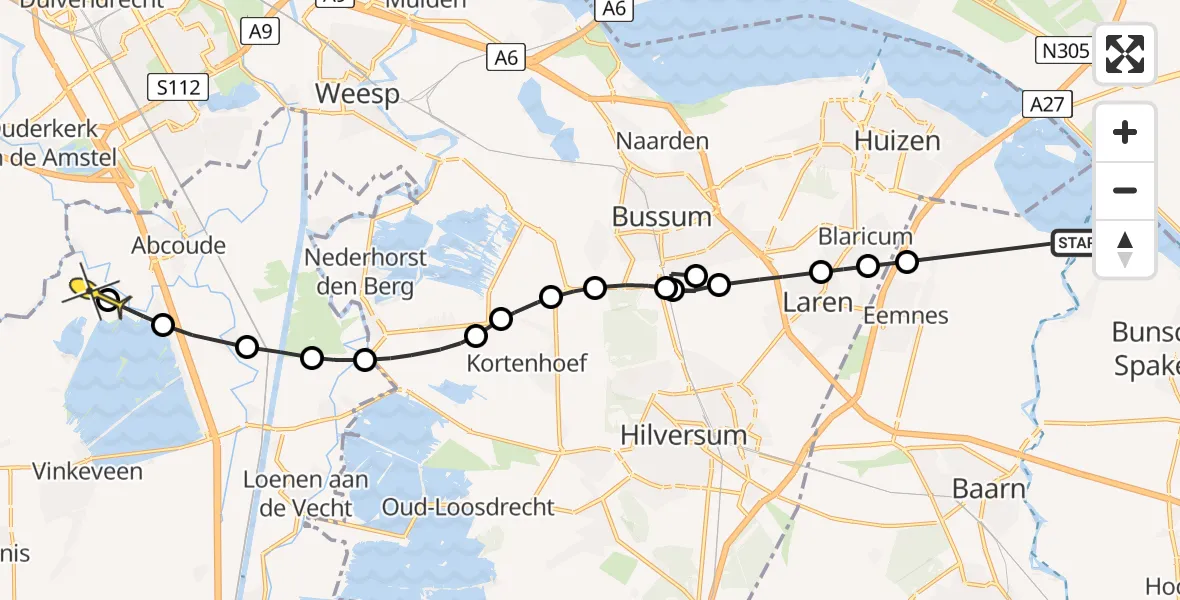 Routekaart van de vlucht: Politieheli naar Abcoude, Te Veenweg Noord