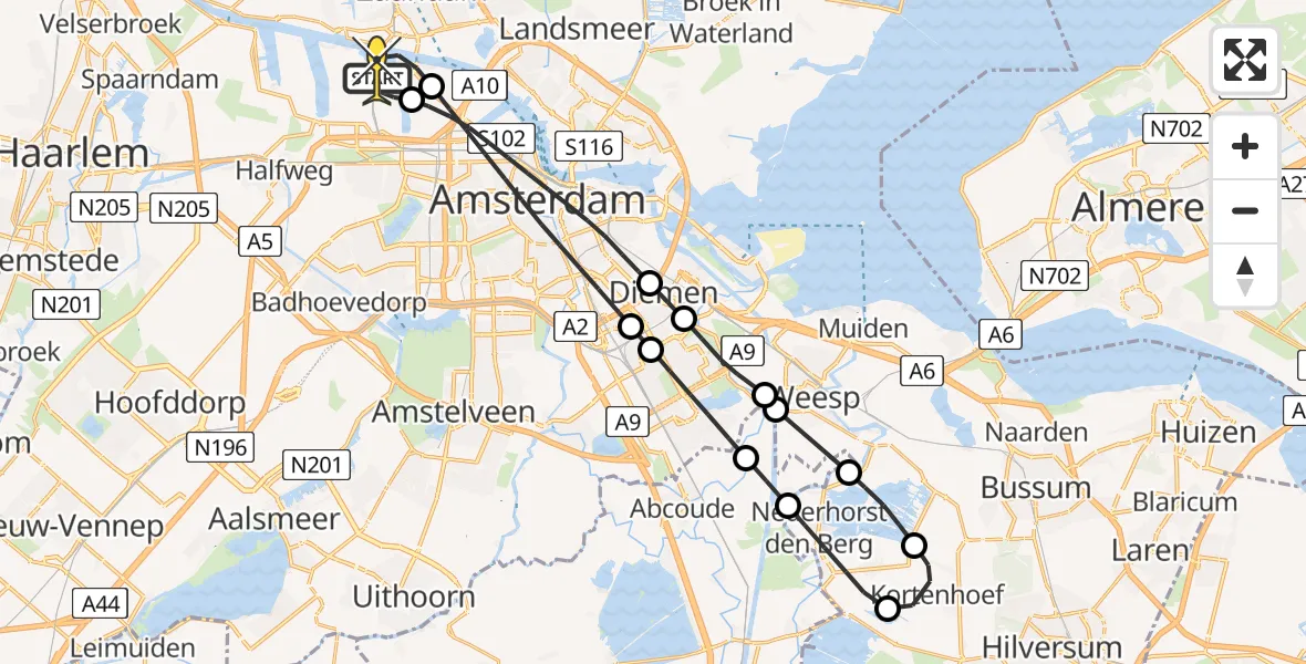 Routekaart van de vlucht: Lifeliner 1 naar Amsterdam Heliport, Belangenvereniging tuinders Zaanderhorn