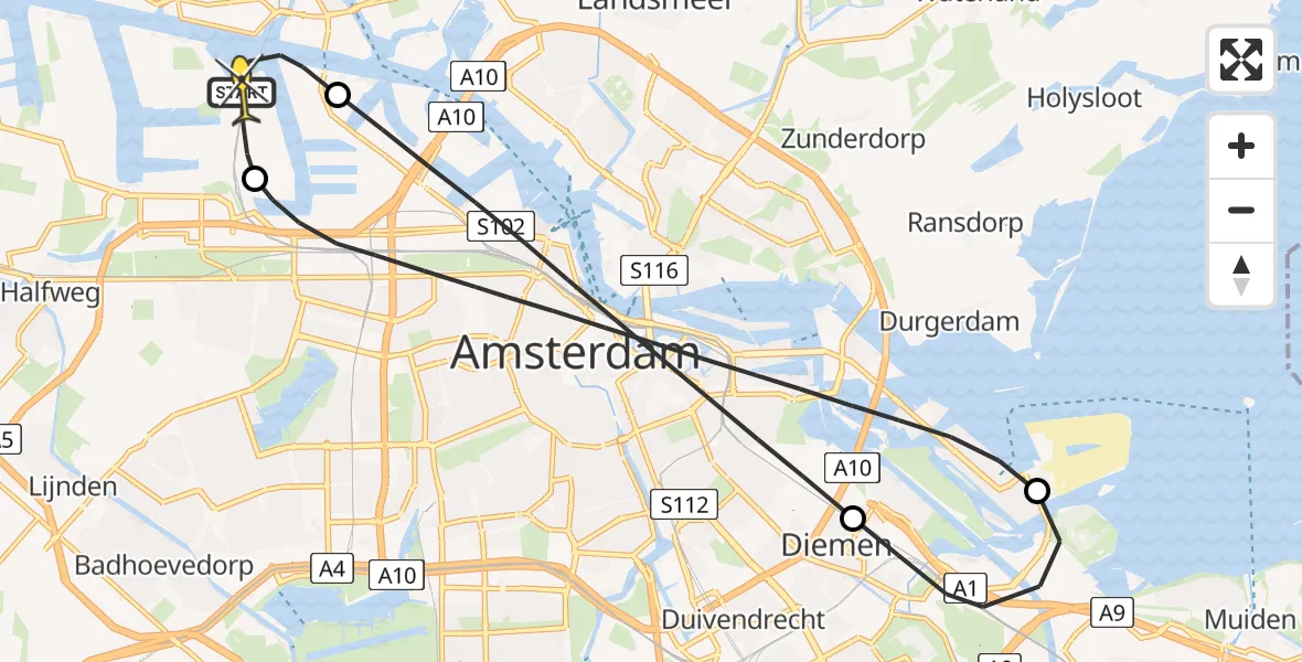 Routekaart van de vlucht: Lifeliner 1 naar Amsterdam Heliport, Belangenvereniging tuinders Zaanderhorn