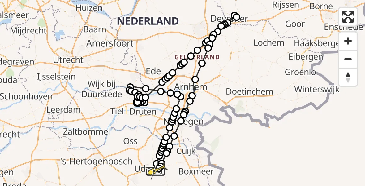 Routekaart van de vlucht: Politieheli naar Vliegbasis Volkel, Zeelandsedijk